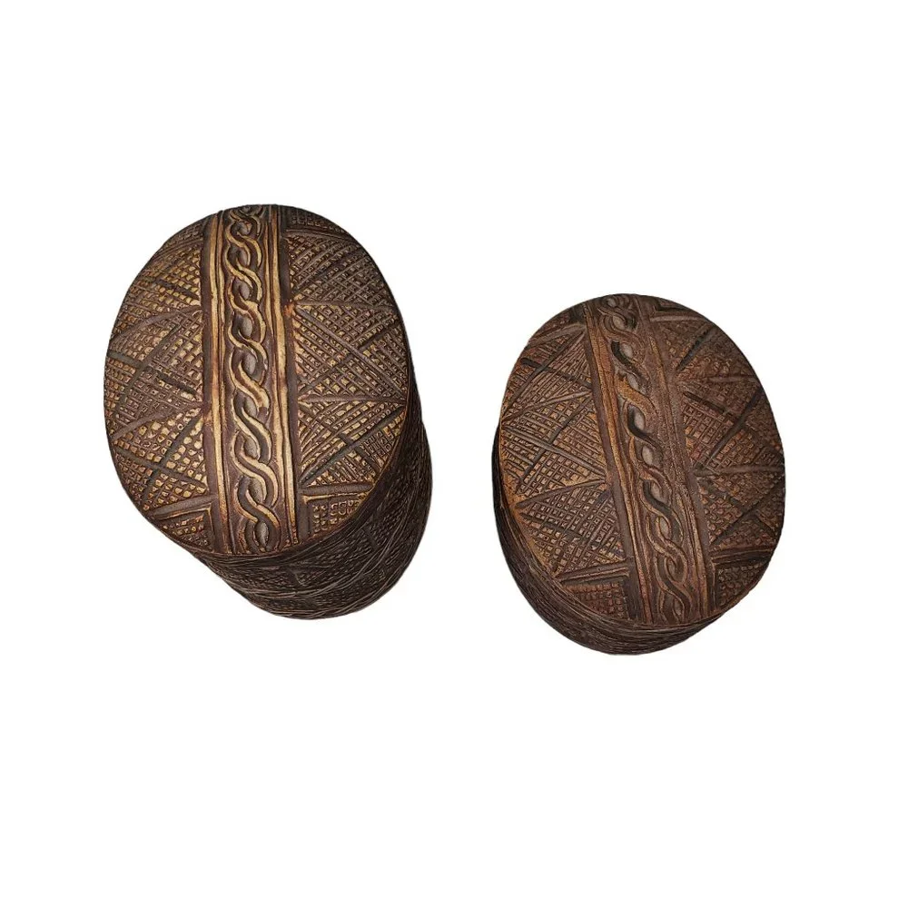 2/Set Faux Carved Wood Canisters Oval-Cylinder Vanity Dresser Storage Boho